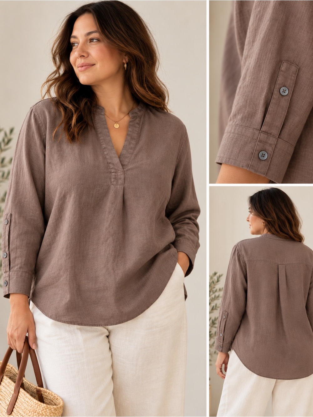 UNIQLO Premium 100% Linen Skipper Collar Shirt Taupe Brown, size M